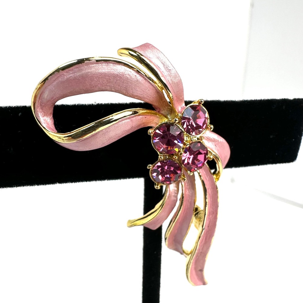 Vintage Romantic Enamel Rhinestone Bow Brooch Pin Womens‎ OS Pink Gold